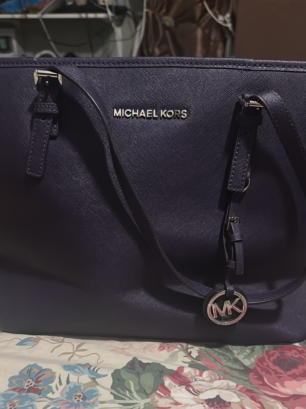 Michael Kors Deep Purple Saffiano Tote with MK Charm